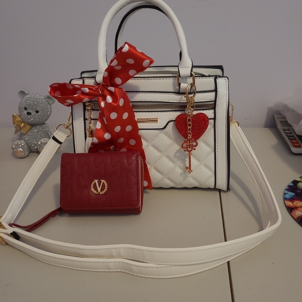 White Quilted Satchel with Red Accent Charm and Scarf